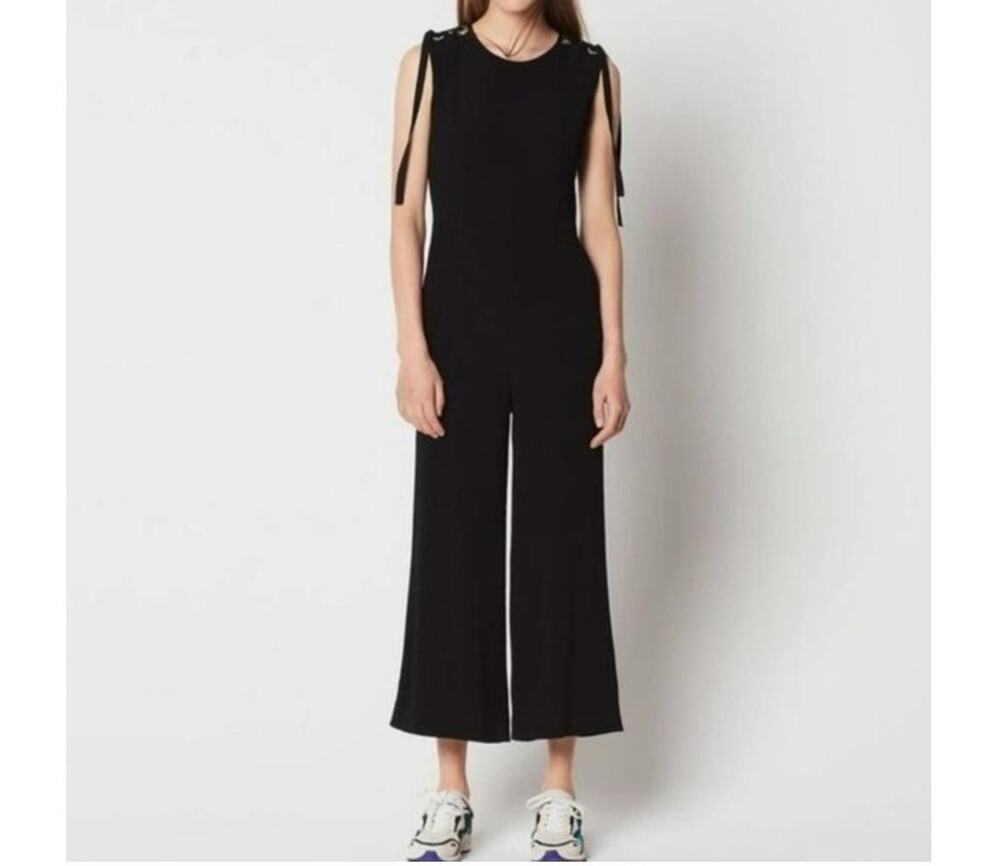 Sandro Paris Jumpsuit Women's SZ L Sleeveless Wide Leg Lace Up Shoulder Pockets